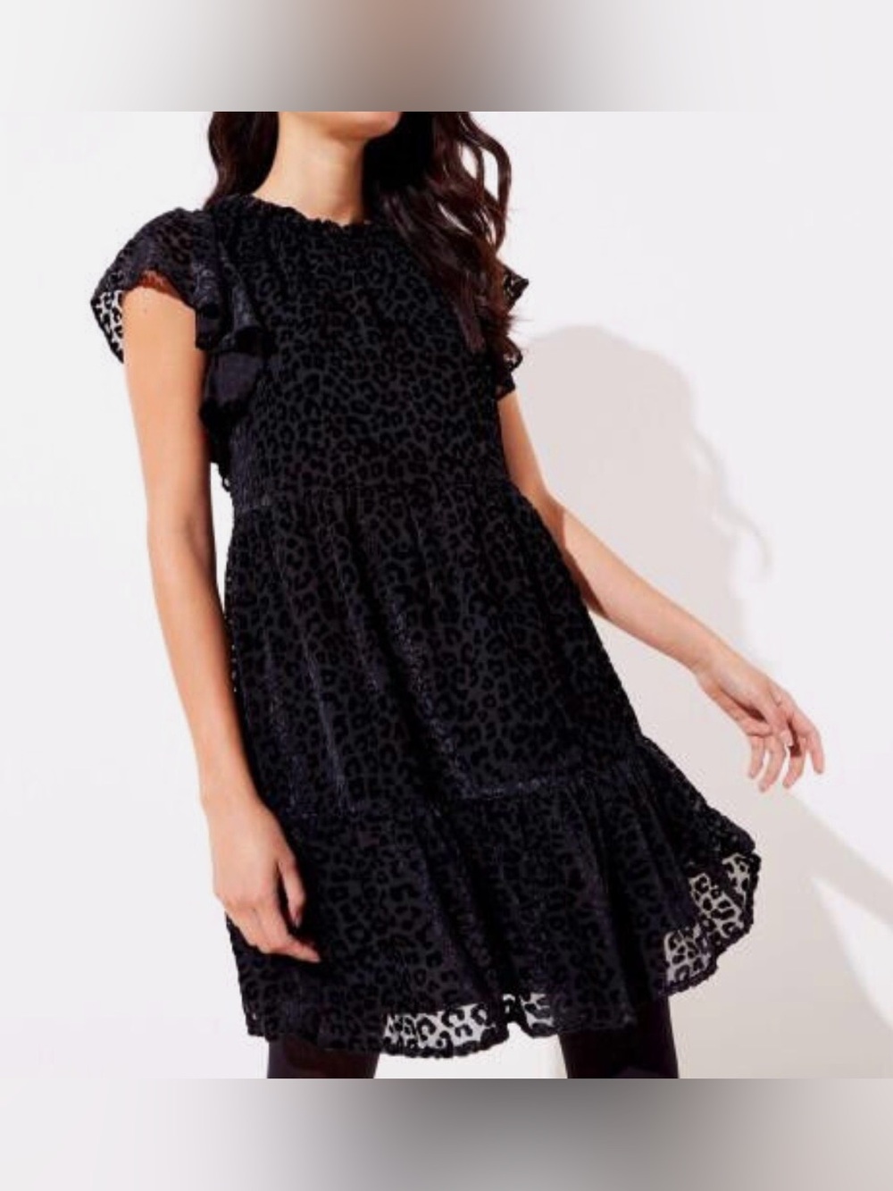 Loft Velvet Burnout Animal Print Babydoll Tiered Black Flutter Sleeve Holiday M